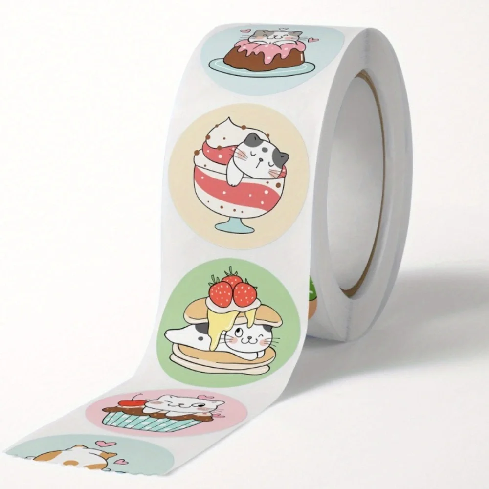 Cat Dessert Sticker Roll of 500 Round Stickers New